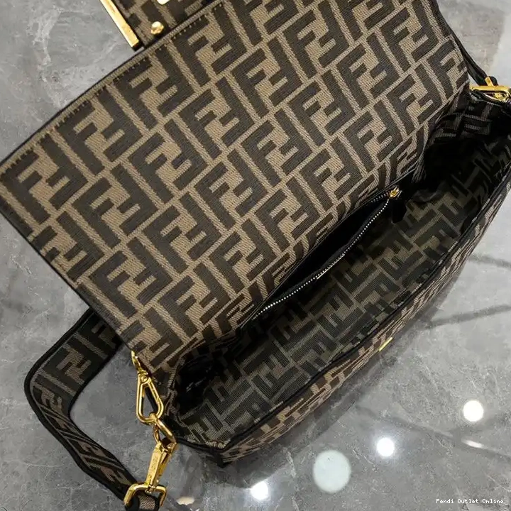 Affordable FF Fendi Motif Fabric Brown Bag Baguette In Large 0419